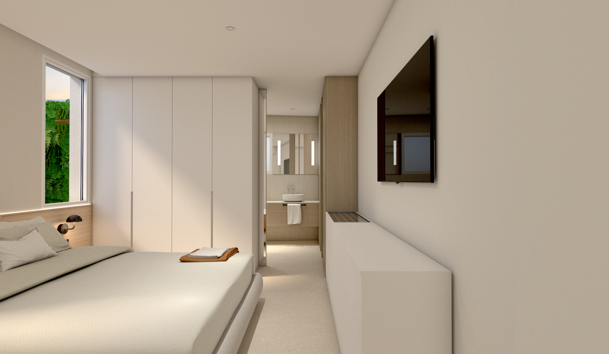 Dormitorio principal reformado con luz natural y acceso visual al patio